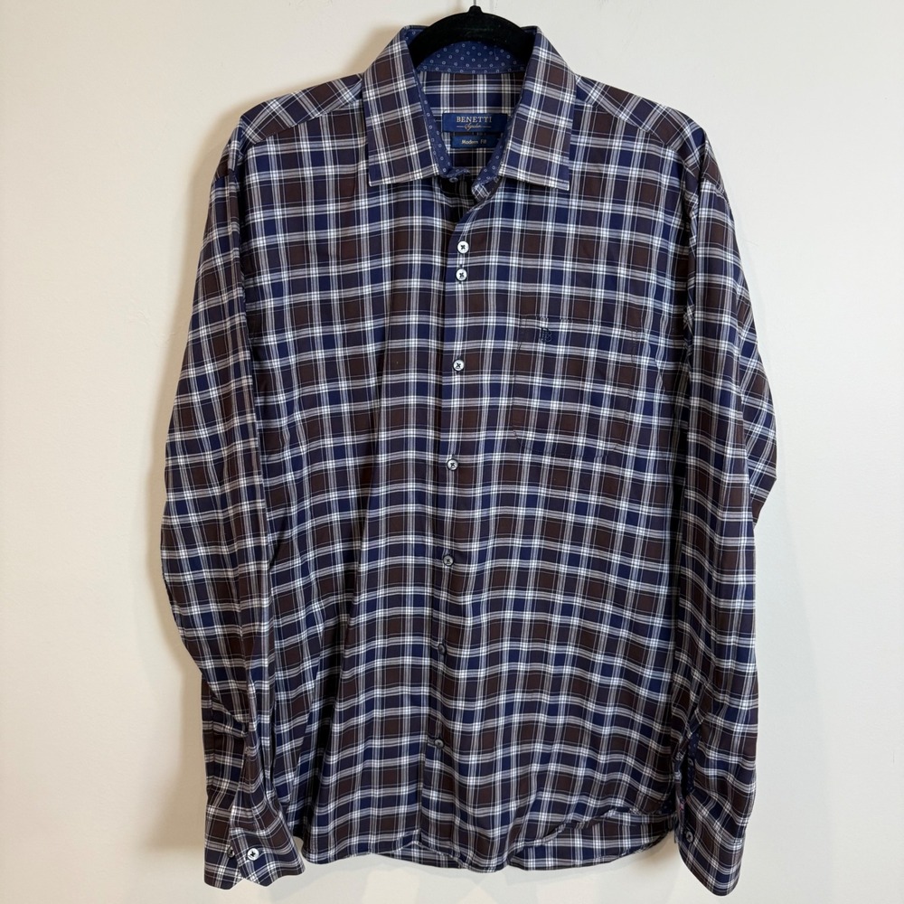 Benetti Signature Modern Fit Plaid Long Sleeve Button Down Shirt Men's Size L